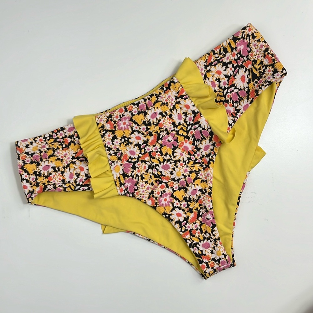 -Marysia Kayenta Yellow Multicolored Floral Bikini Bottoms with Ruffles Small